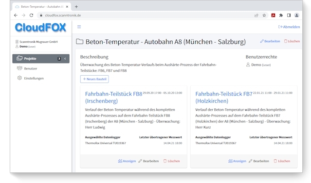 CloudFOX - Online - Plattform - Verwaltung der verschiedenen Messaufgaben, Messgeräte-Setups und Bauteile