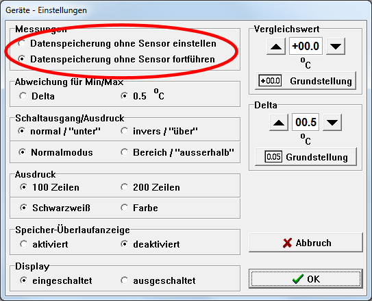 Datenspeicherung ohne Sensor einstellen